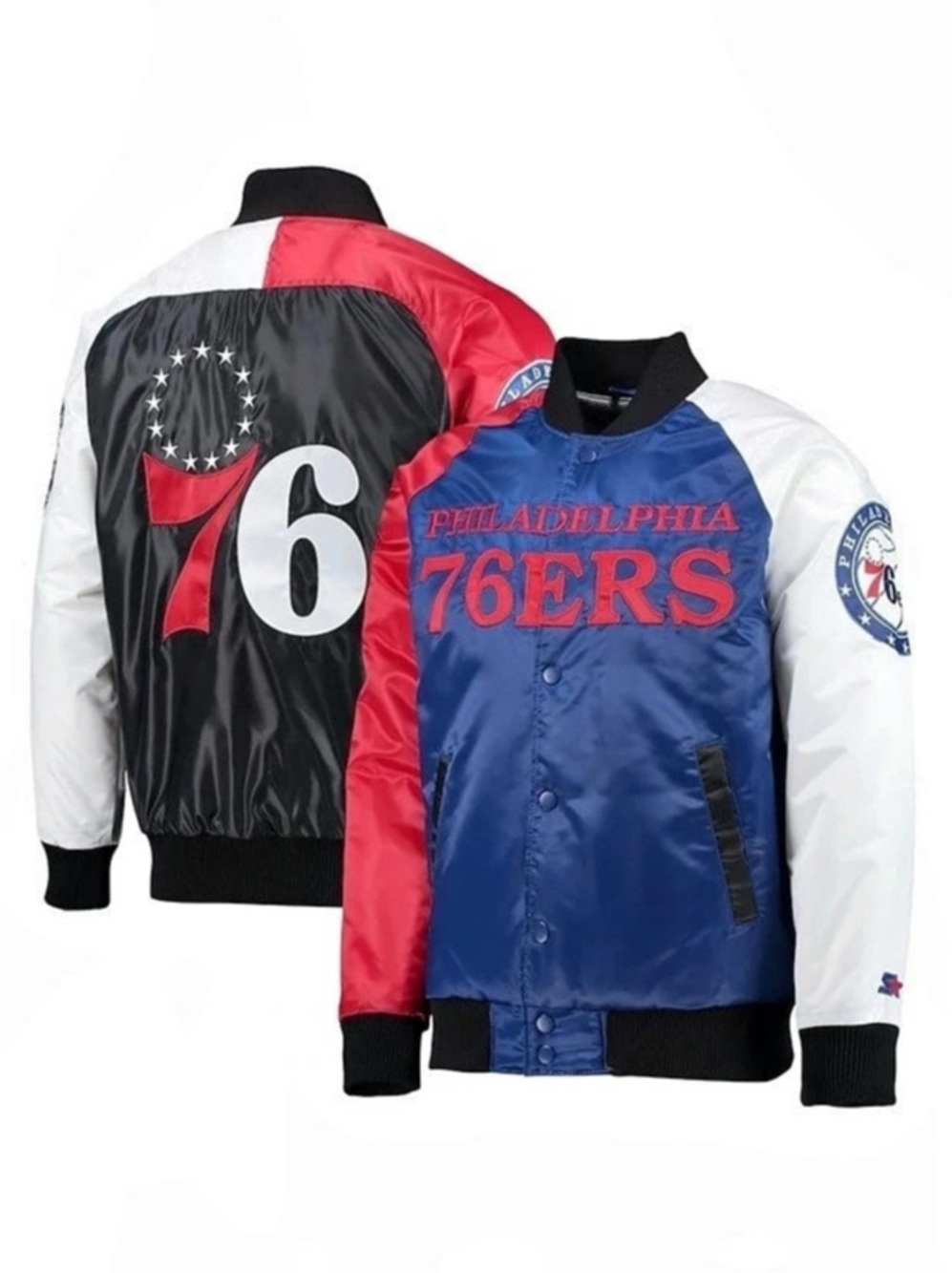 Starter Philadelphia 76ers The Enforcer Satin Varsity Jacket Blue & Red Large